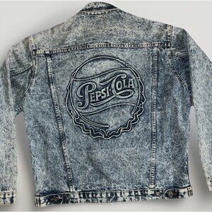 Vtg Made In USA Pepsi Cola Denim Jacket Acid Washed Embossed Logo Mens Large 80s